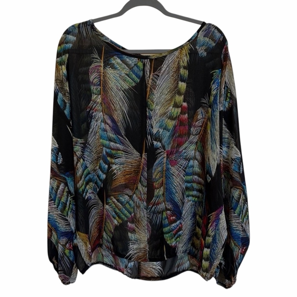 Coco Bianco Black Sheer Multicolor Feather Print Blouse/Top Size L-XL